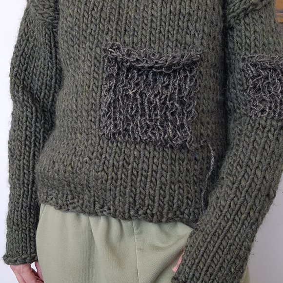Wool  sweater, army green, hand knitted - Picture 3 of 6